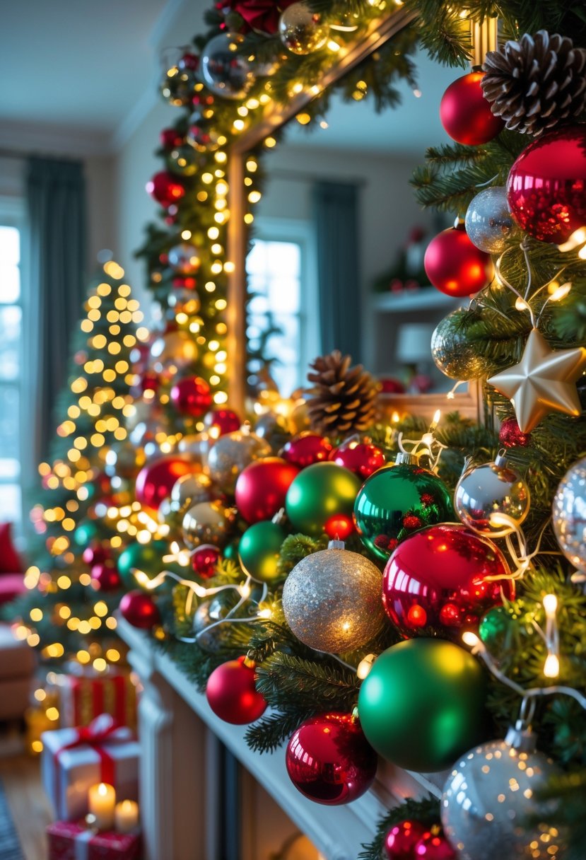 A Christmas mantel decorated with colorful ornaments, greenery, pinecones, and glowing fairy lights in a cozy living room.