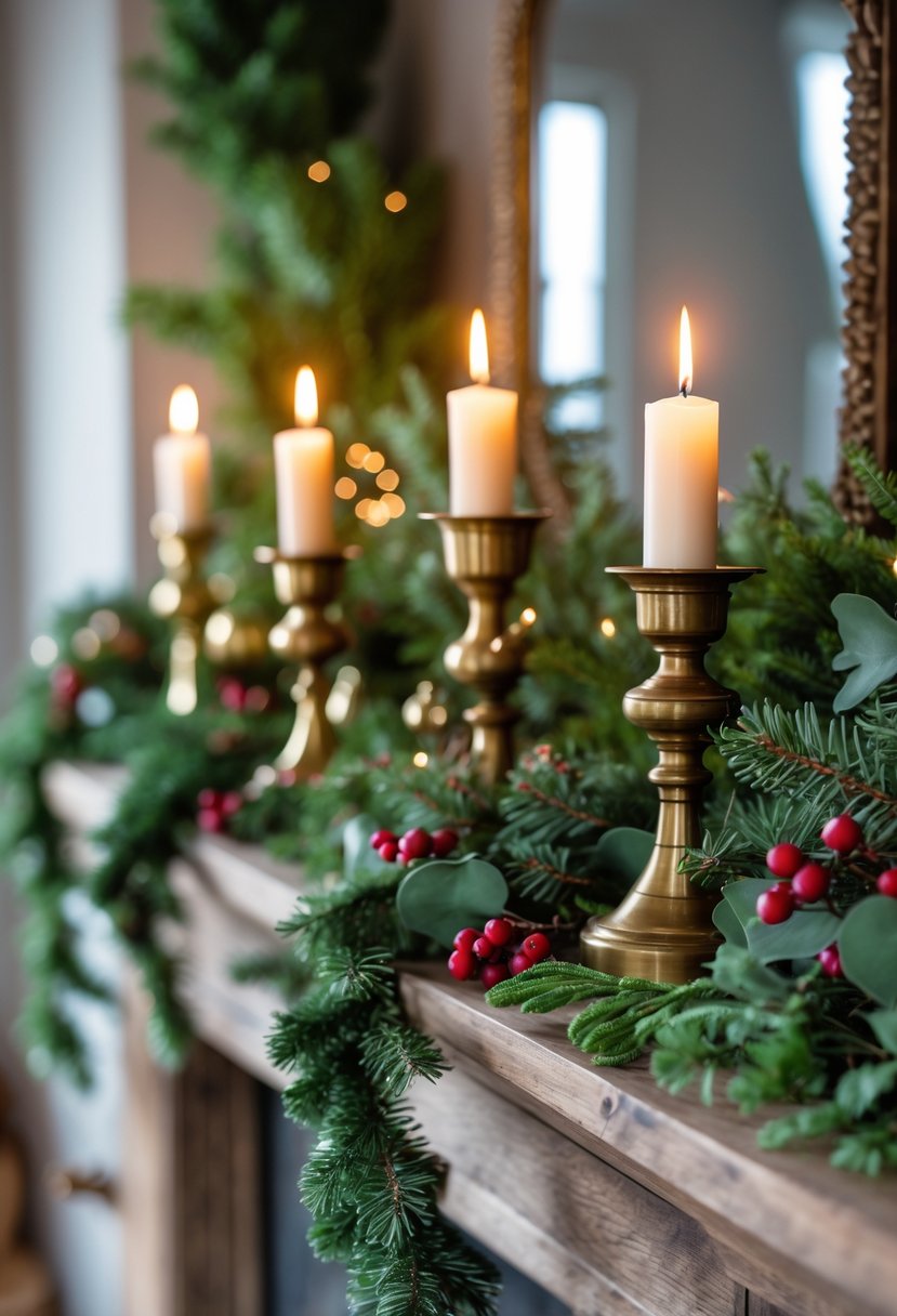 A Christmas mantel decorated with antique brass candles and green garlands, glowing warmly in a cozy room.