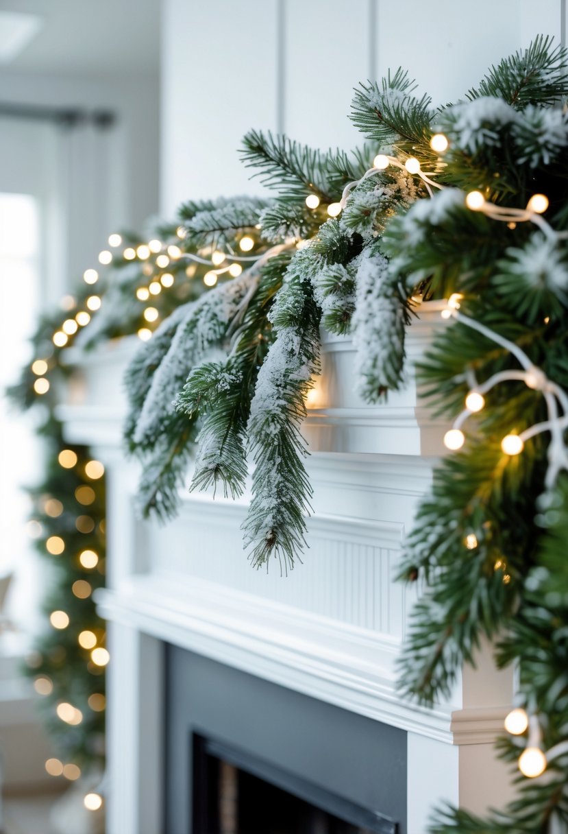 A white fireplace mantel decorated with snowy pine branches and white string lights in a bright room.