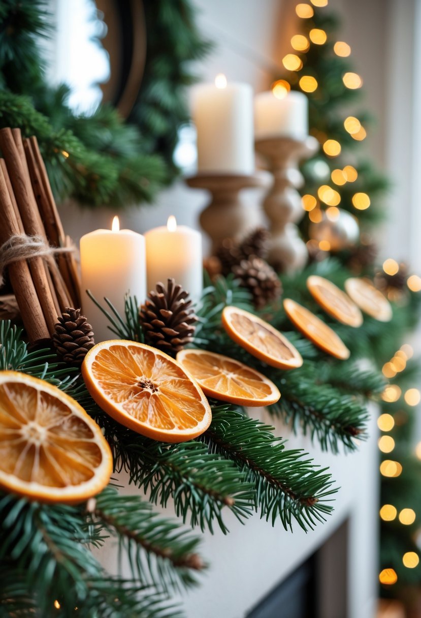A Christmas mantel decorated with dried orange slices, cinnamon sticks, pine branches, pine cones, and warm white lights.