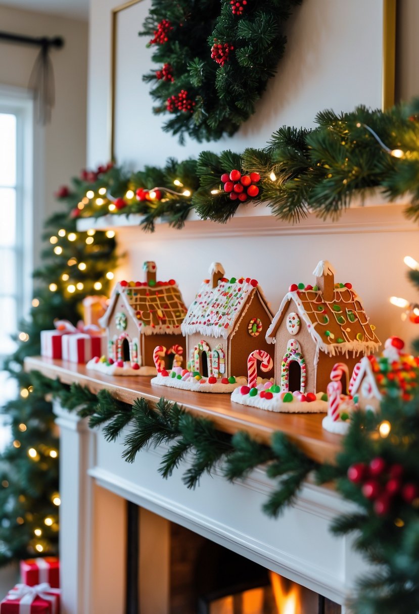 A Christmas mantel decorated with a gingerbread village, pine garlands, fairy lights, and festive ornaments above a glowing fireplace.