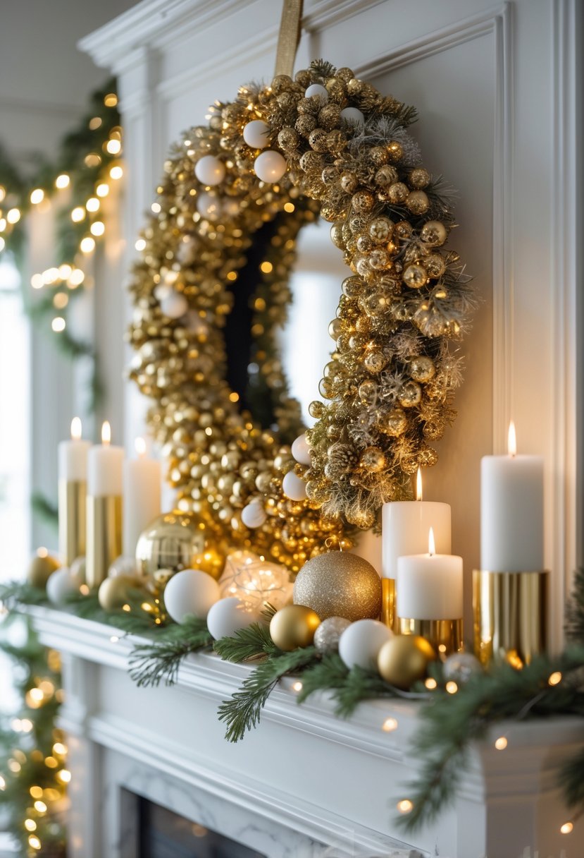 A Christmas mantel decorated with a golden wreath, white candles, gold and white ornaments, and soft fairy lights.