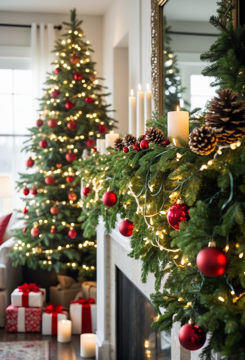 A living room with a decorated Christmas mantel and matching Christmas tree featuring red and gold ornaments, greenery, and lights.
