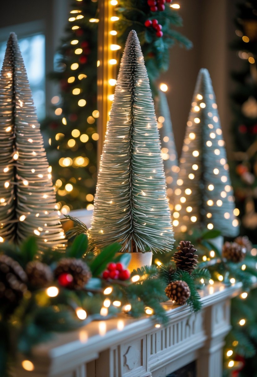 A mantel decorated with bottlebrush trees wrapped in twinkling fairy lights and festive holiday decorations.