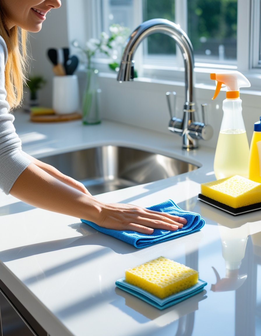 Hands wiping a clean kitchen countertop with a cloth, surrounded by cleaning supplies and a bright kitchen background.