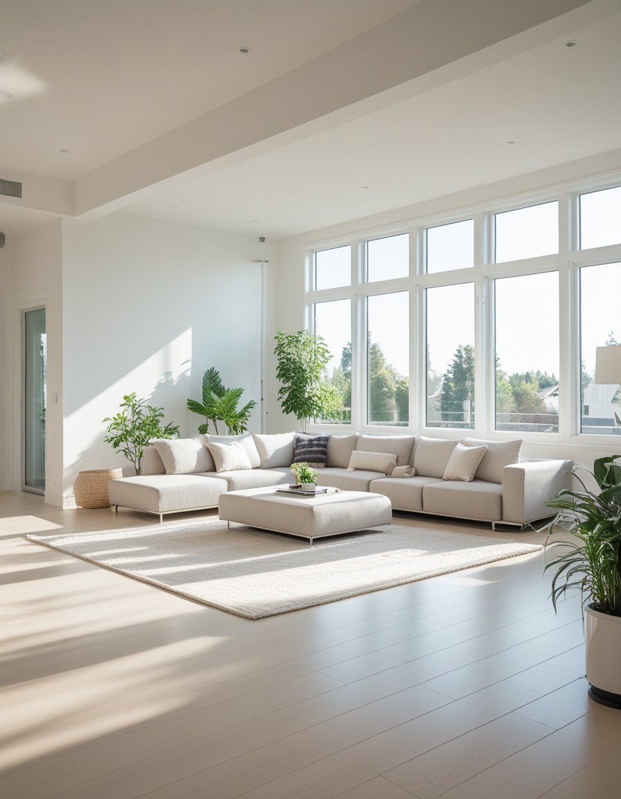 A bright living room with a spacious layout, featuring a sectional sofa, coffee table, large windows, and indoor plants.