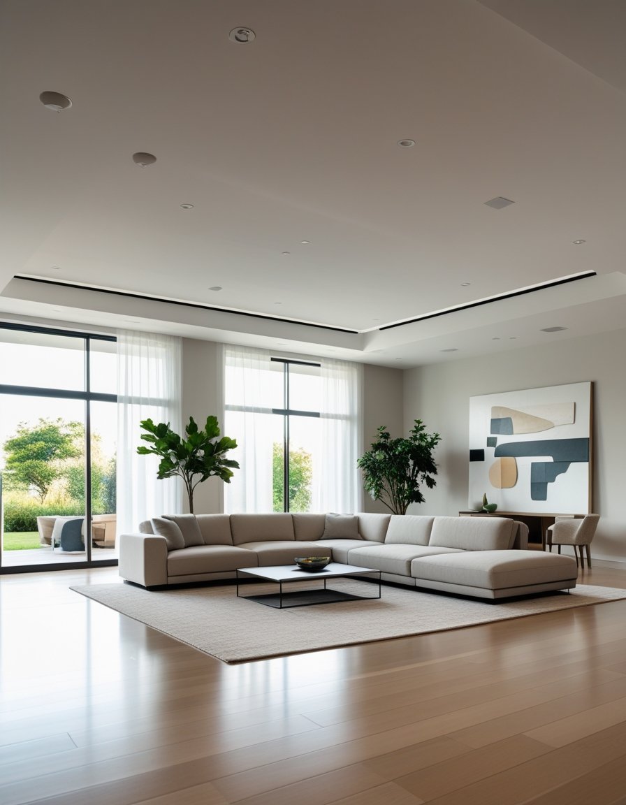 A large living room with a light-colored sectional sofa, wooden floor, big windows, and minimal furniture creating an open and spacious feel.