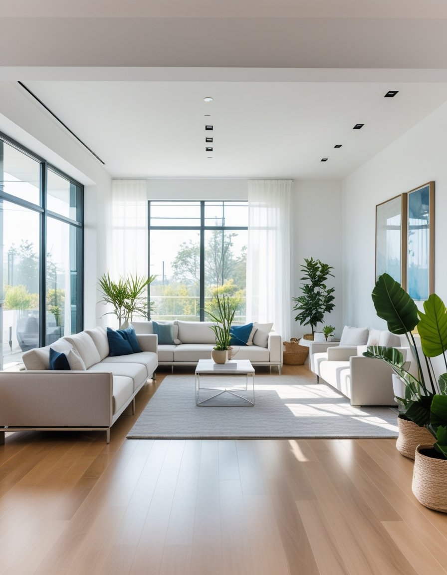 A bright, spacious living room with modern furniture arranged to create clear walking paths and an open feel.