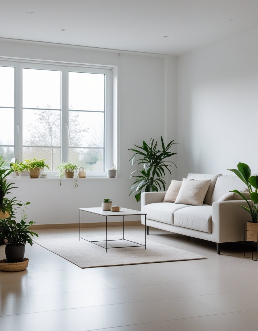 A bright, spacious living room with a minimalist sofa, large window, and uncluttered floor creating an open and airy atmosphere.