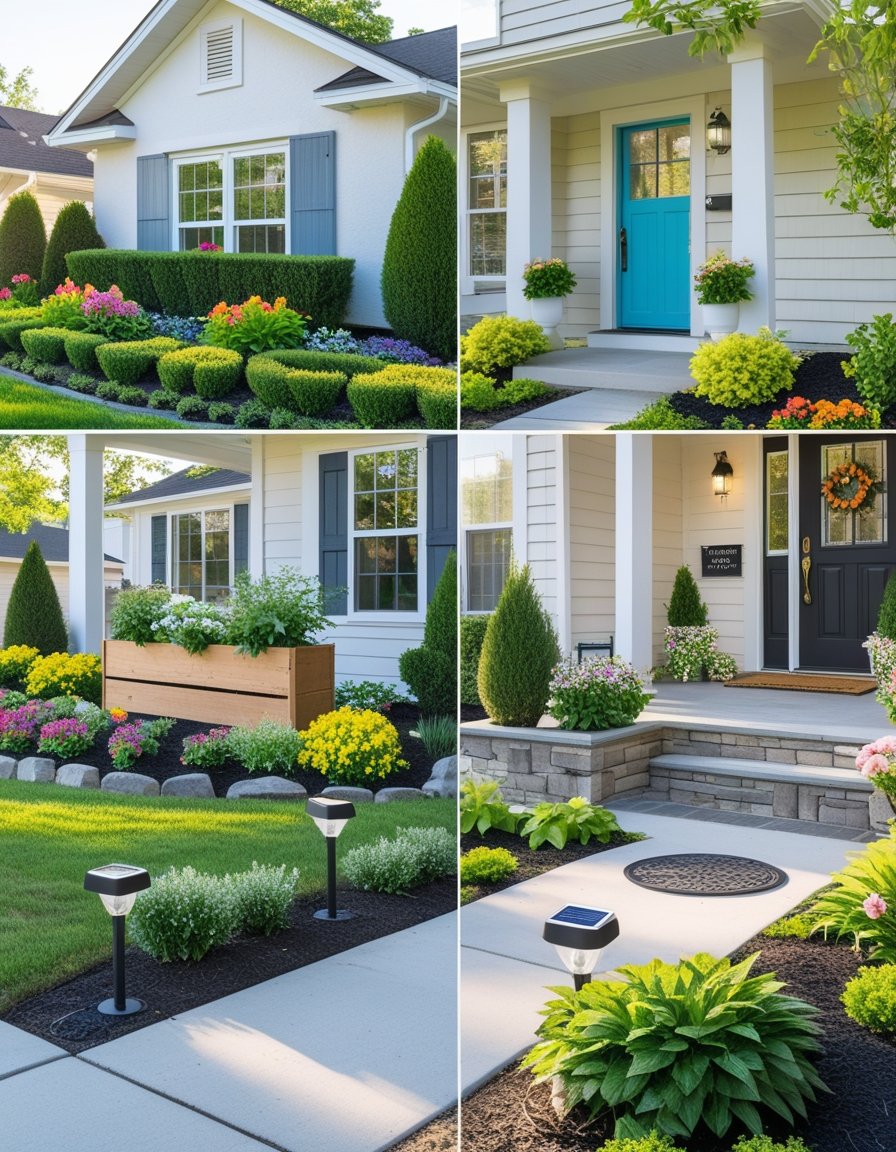 A suburban front yard with a colorful front door, trimmed hedges, flower beds, wooden planter box, stone pathway, garden lights, and welcome mat.