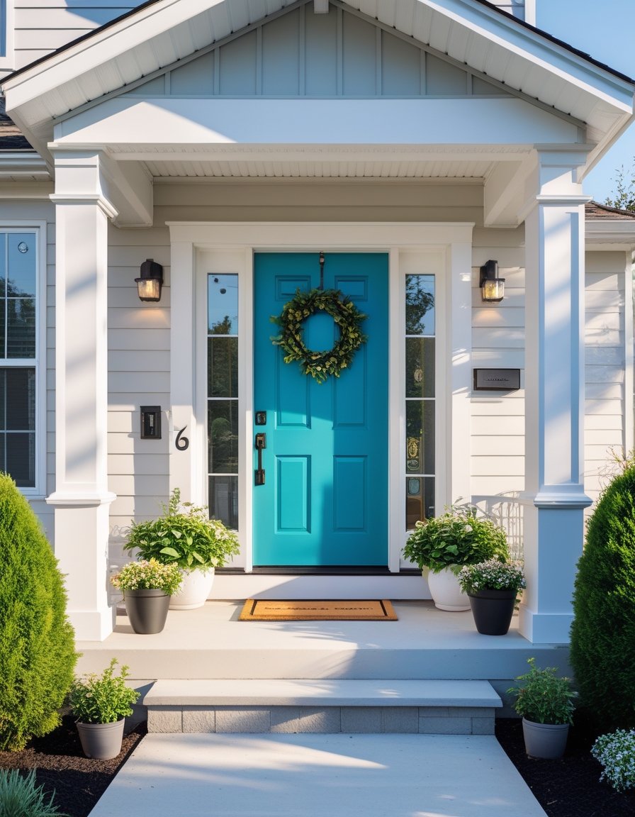 A freshly renovated front door with vibrant paint, potted plants, a welcome mat, outdoor lighting, and neatly trimmed shrubs at a suburban house entrance.