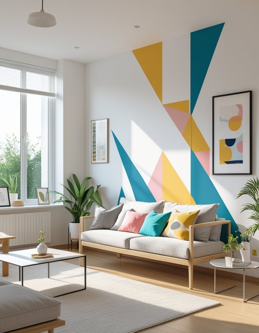 A bright living room with a plain wall transformed into a colorful and creative feature wall, surrounded by modern furniture and plants.