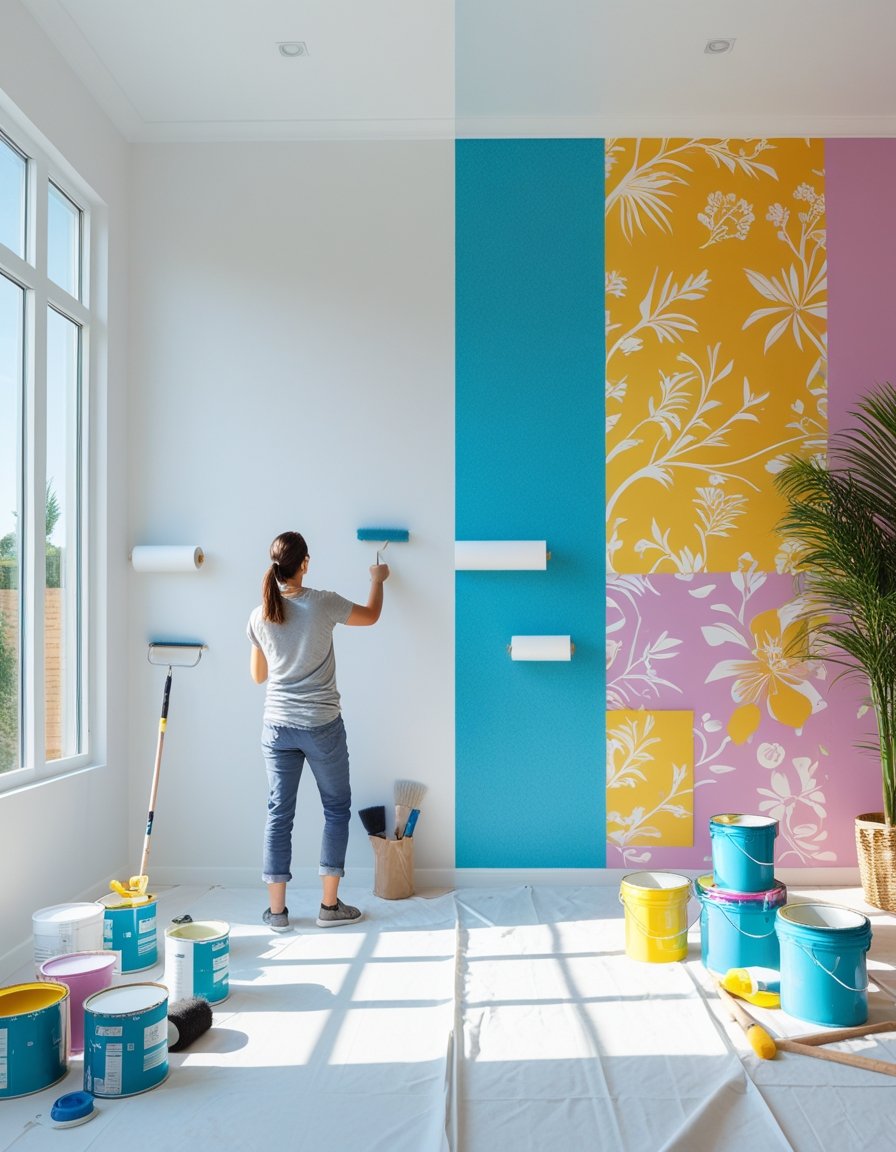 A person painting and decorating a wall, showing a plain wall transforming into a colorful feature wall in a bright room.