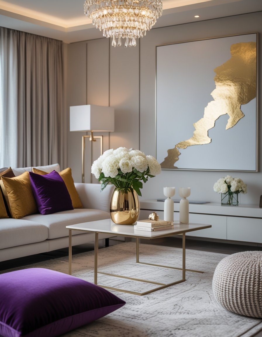 A living room featuring a velvet pillow, gold vase with flowers, abstract wall art, crystal chandelier, and a textured area rug.