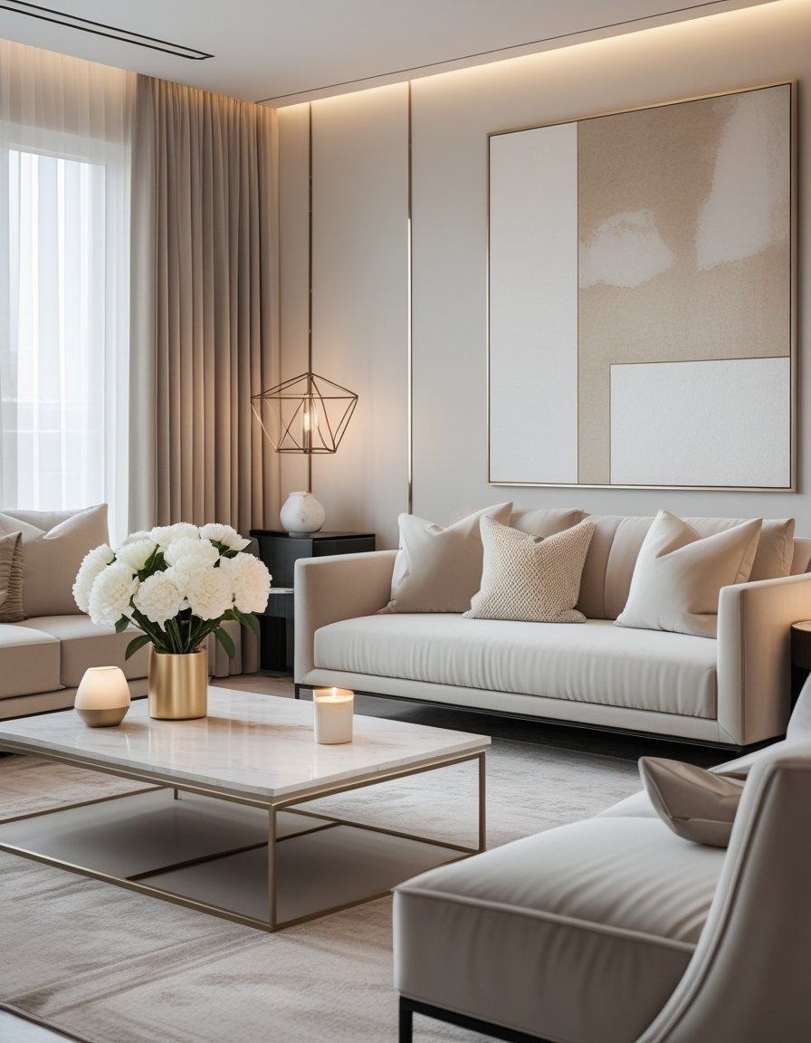 A bright living room with a velvet sofa, marble coffee table, abstract wall art, floor lamp, and decorative accessories arranged neatly.