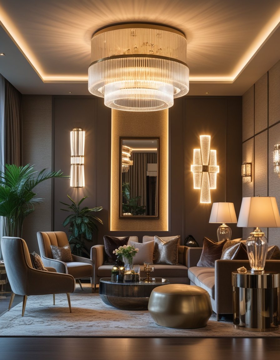 A modern living room with five different stylish lighting fixtures illuminating a comfortable seating area with elegant furniture and decor.