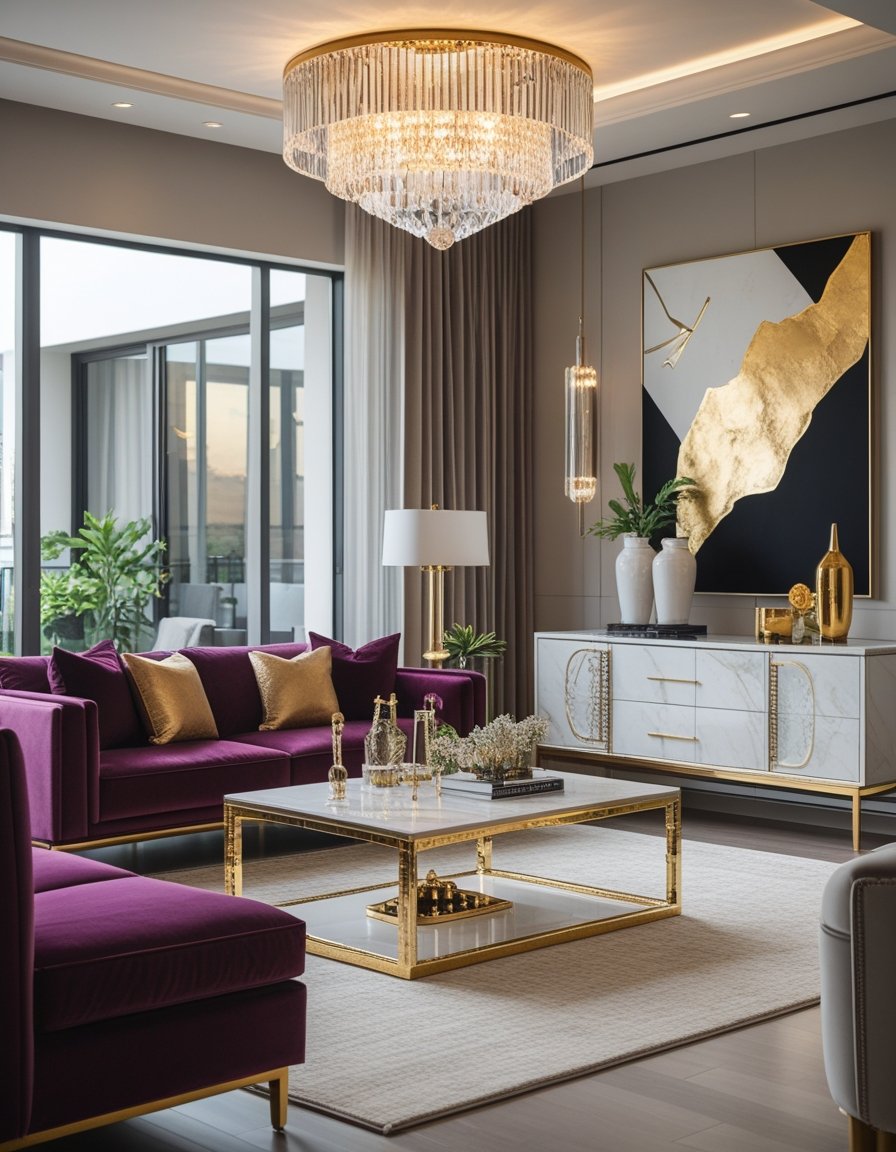 A living room featuring a velvet sofa, marble coffee table, crystal chandelier, abstract artwork, and a sideboard with brass handles.