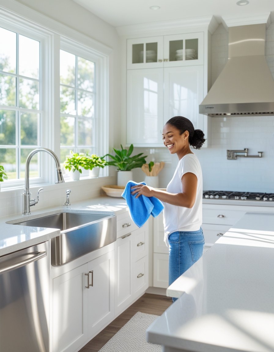A person cleaning a bright, spotless kitchen countertop with a cloth, sunlight coming through windows, and shiny appliances in the background.