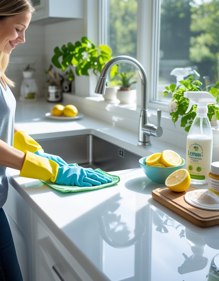 A person gently wiping a clean kitchen countertop with a cloth, surrounded by natural cleaning products in a bright, tidy kitchen.