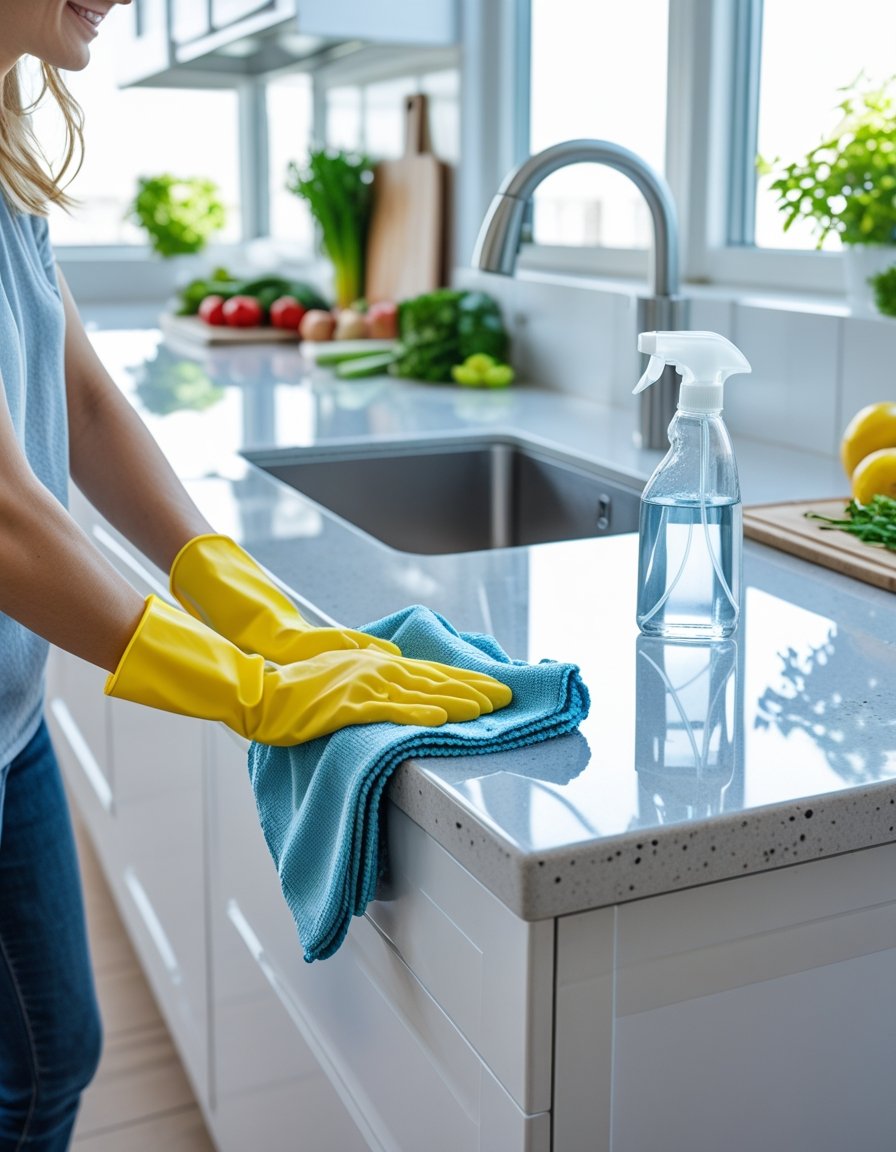 A person wearing yellow gloves wipes clean kitchen countertops and sink in a bright, tidy kitchen with natural light.