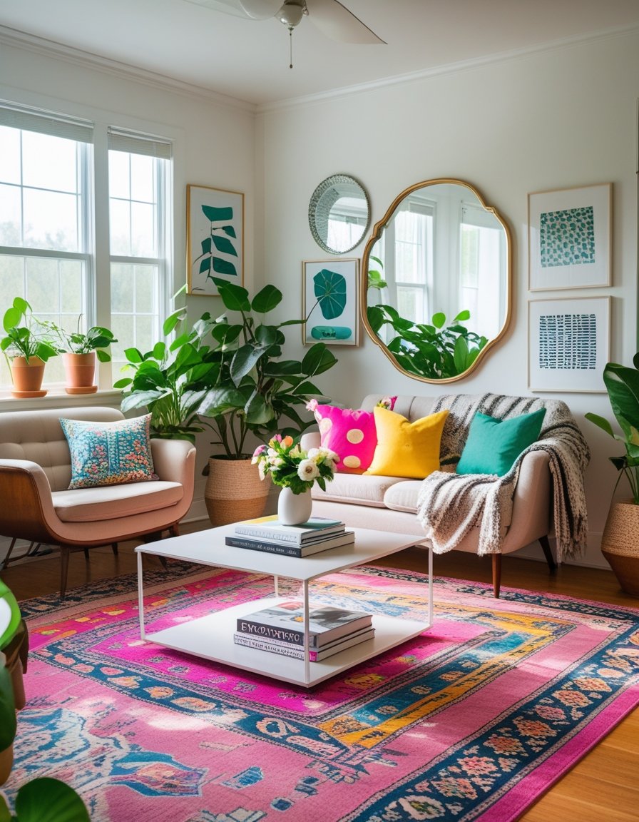 A bright living room with vintage furniture updated by colorful pillows, plants, modern art on the walls, and natural light coming through large windows.