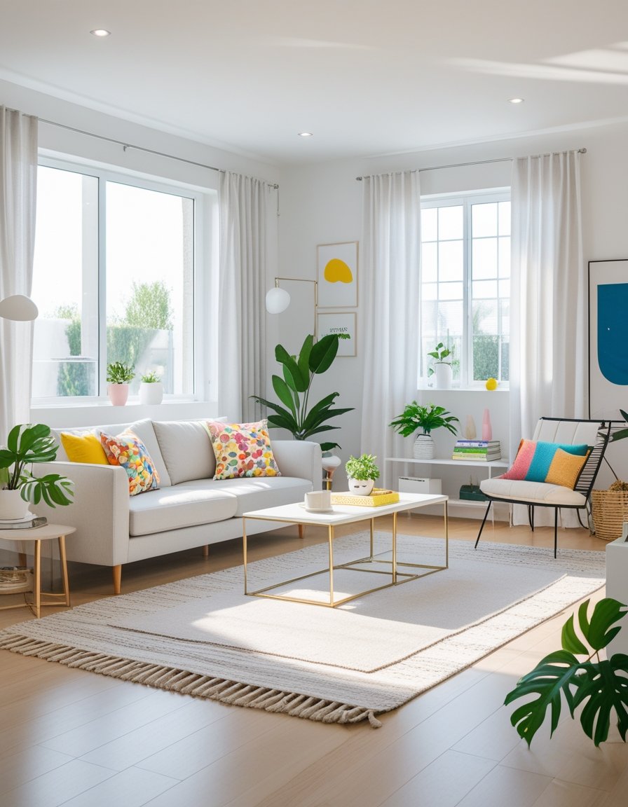 A bright living room with fresh paint, modern furniture, decorative plants, and natural light coming through large windows.
