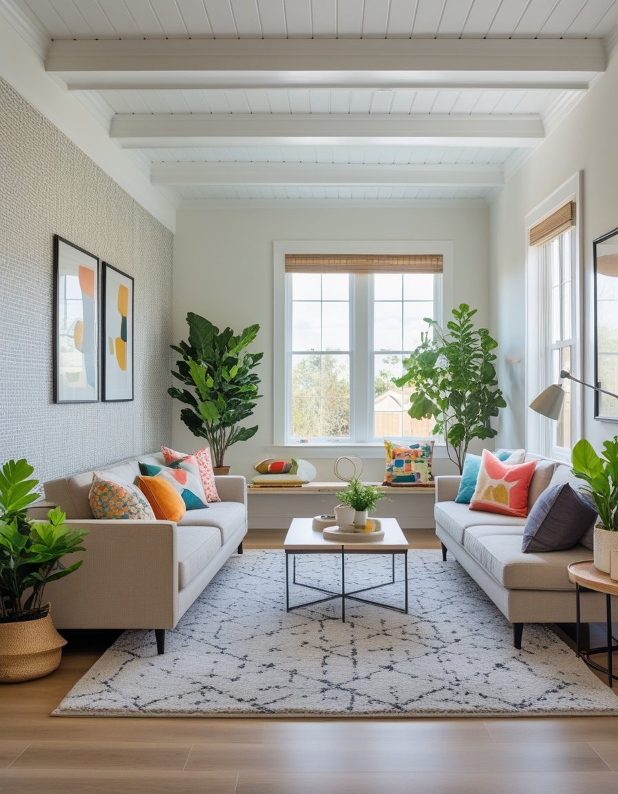A bright living room with a textured accent wall, white wooden ceiling beams, modern furniture, and indoor plants.