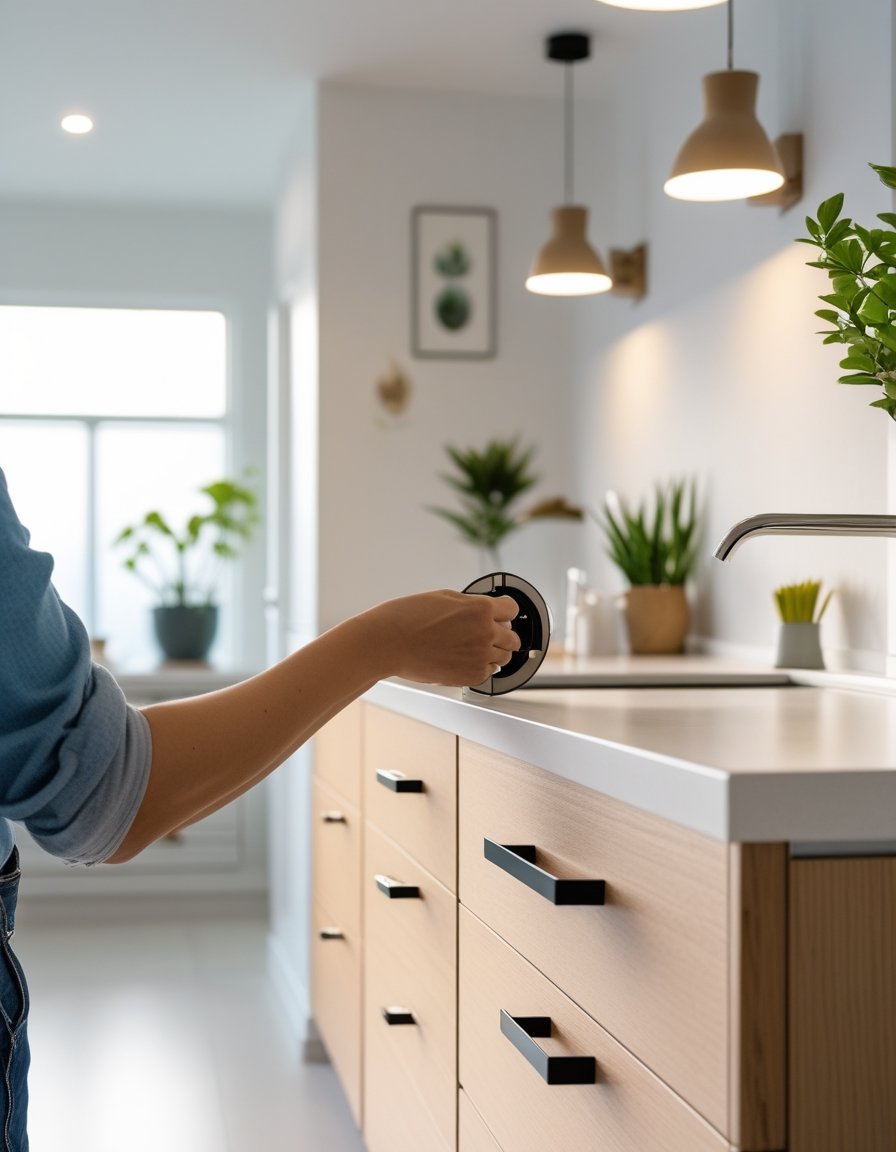 Hands installing new cabinet handles in a bright kitchen with updated light fixtures and fresh decor.