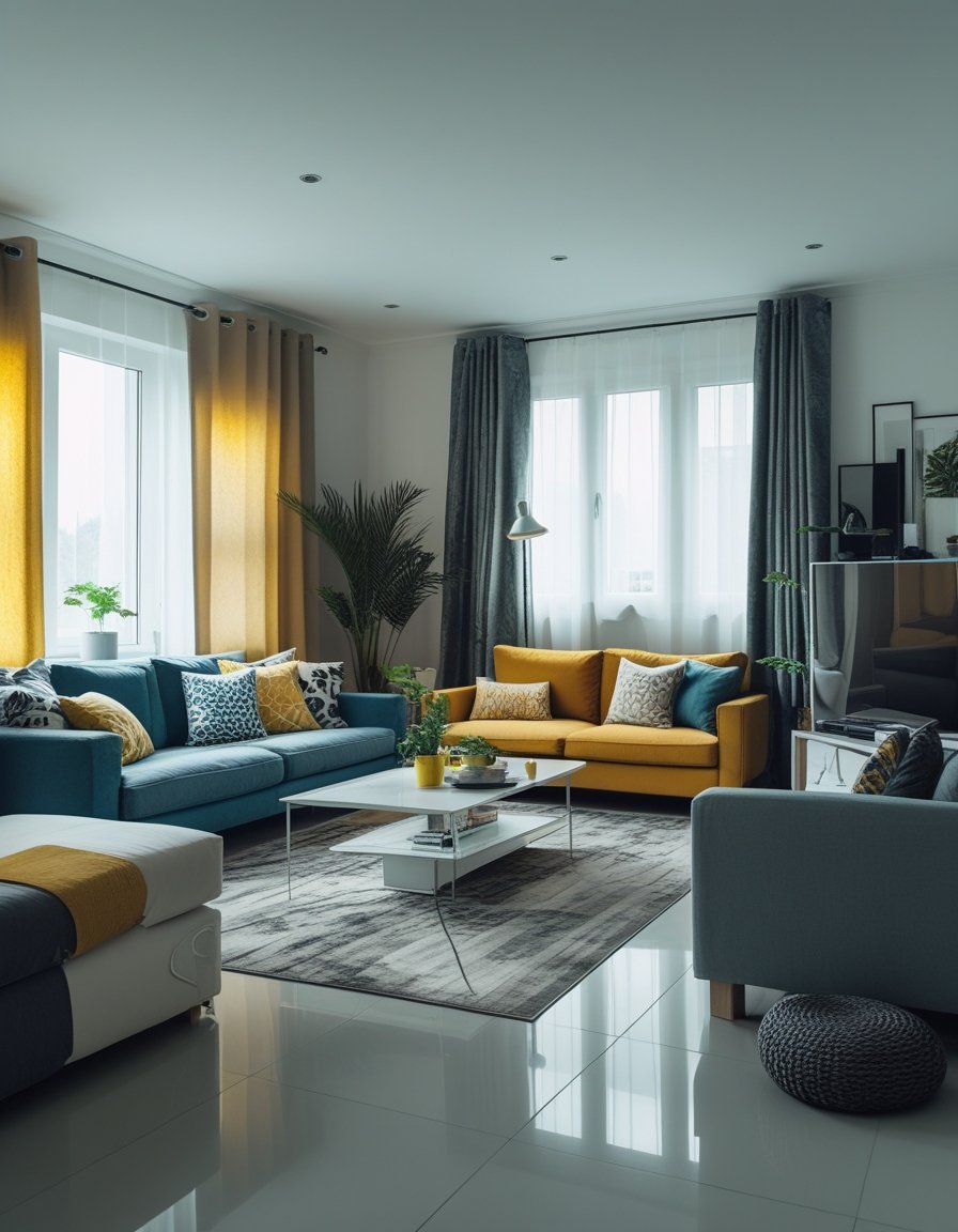 A living room with mismatched furniture, cluttered surfaces, poor lighting, and an awkward layout showing common home styling mistakes.