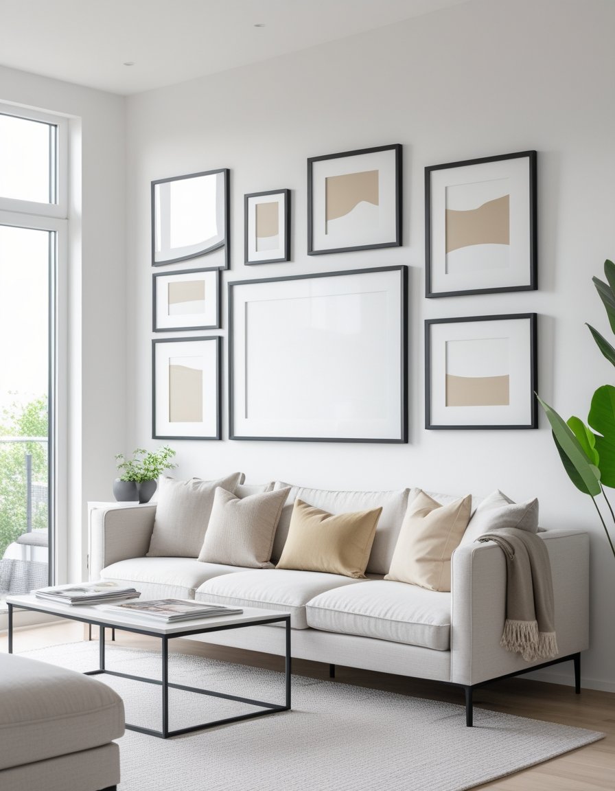 A living room with several picture frames hung unevenly and at awkward heights above a sofa.
