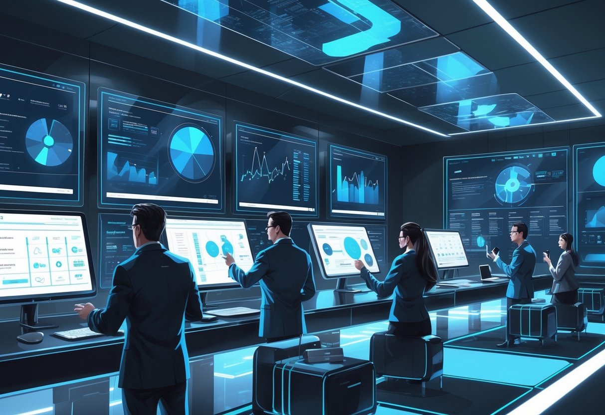 Pusat kendali olahraga futuristik dengan tim profesional yang bekerja sama di depan layar digital besar dan antarmuka holografik.