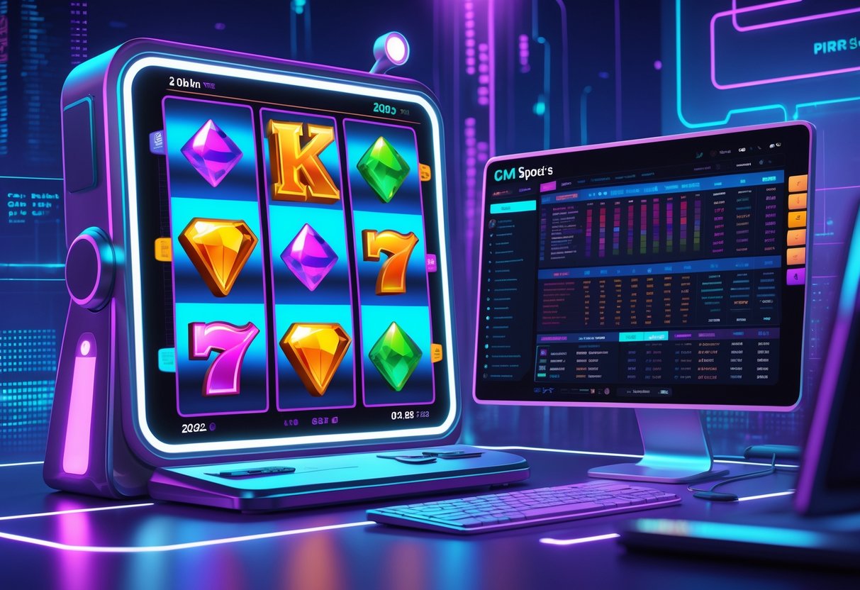 Ilustrasi profesional yang menampilkan mesin slot dengan simbol warna-warni dan dashboard taruhan olahraga dengan skor dan grafik di latar belakang teknologi futuristik.