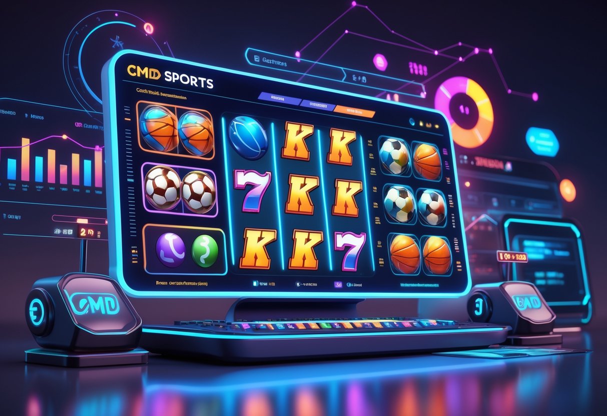 Ilustrasi profesional yang menunjukkan perkembangan terbaru CMD Sports tahun 2025 dengan mesin slot digital dan elemen teknologi modern.