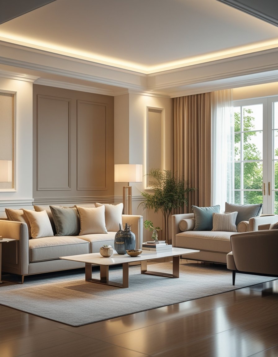 A well-lit living room with soft-colored walls, modern furniture, and decorative items creating a warm and inviting atmosphere.