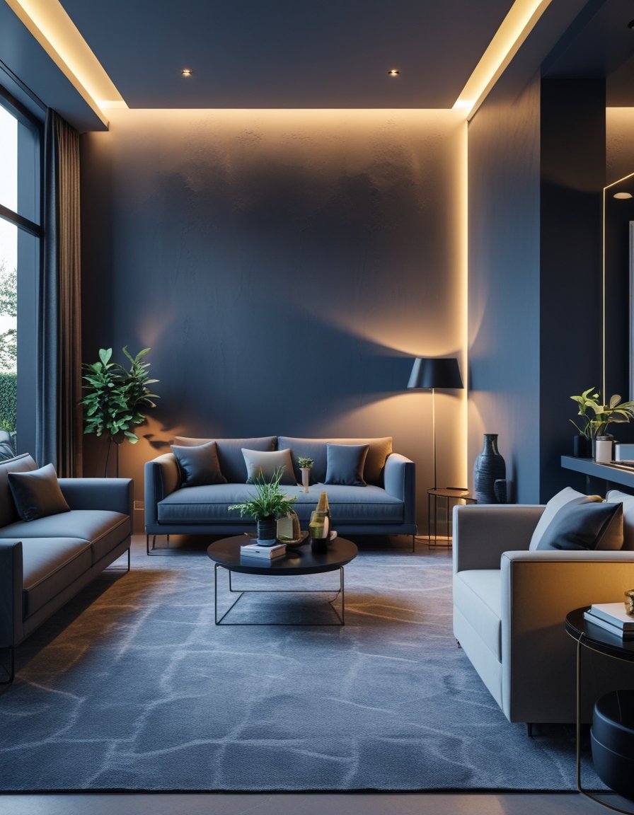 A modern living room with freshly painted walls, warm lighting, and elegant furniture creating a cozy and upscale atmosphere.