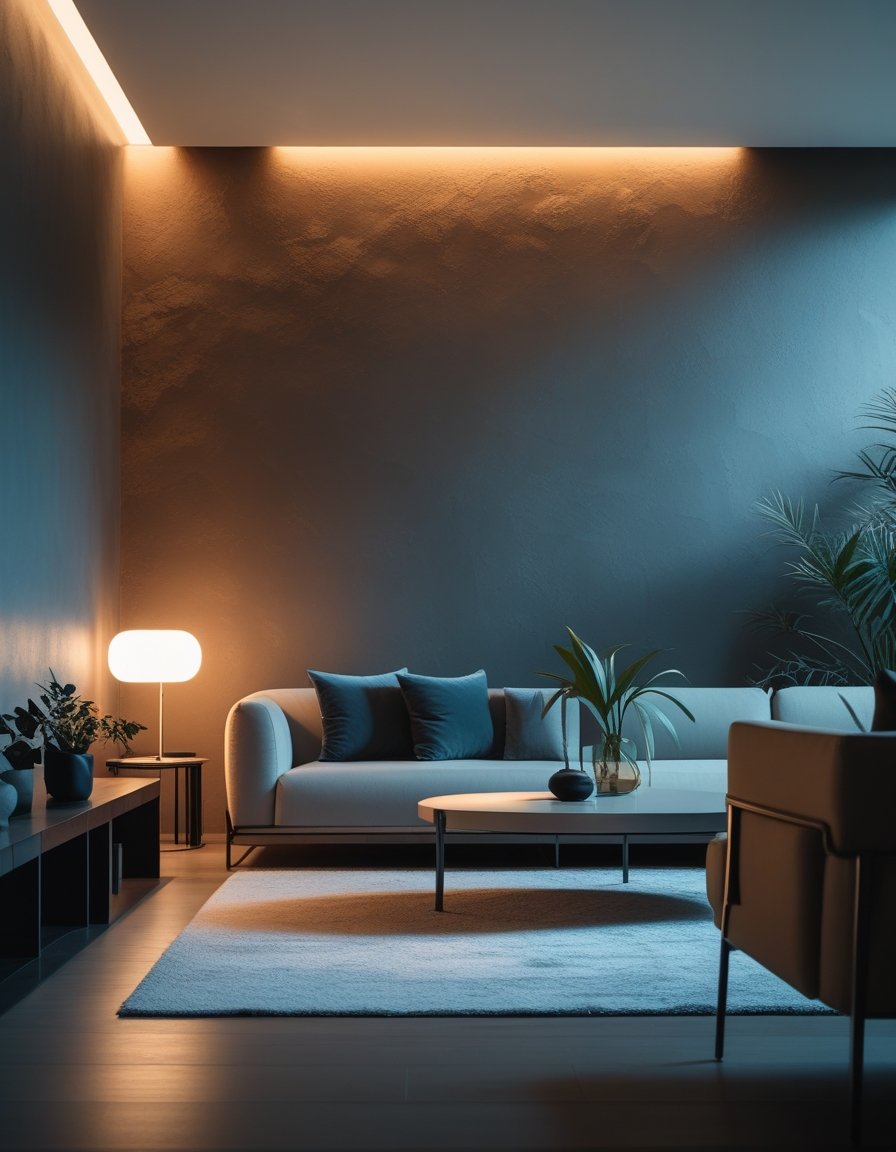 A modern living room with textured painted walls illuminated by warm, layered lighting, featuring minimalist furniture and plants.