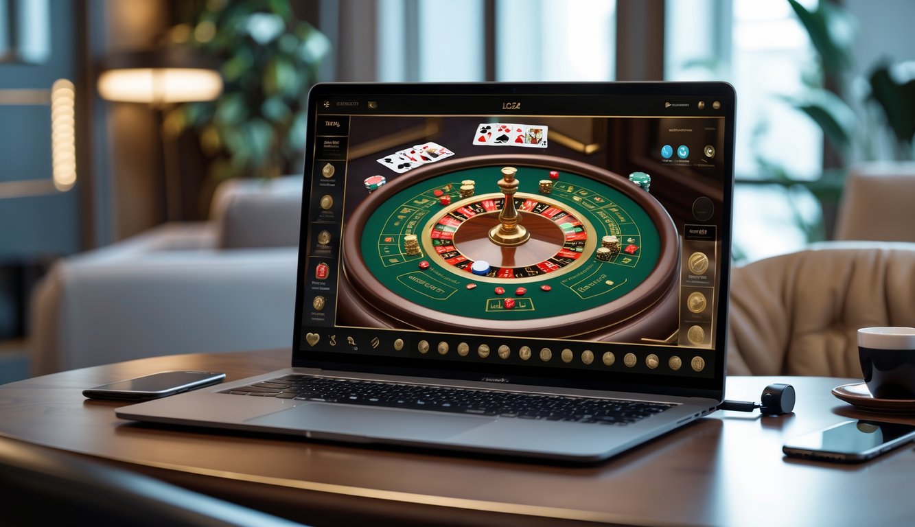 Sebuah meja dengan komputer yang menampilkan permainan baccarat online, dikelilingi oleh suasana ruangan yang rapi dan nyaman.