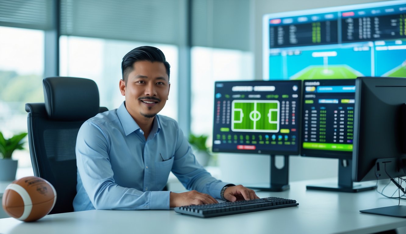 Seorang pria Indonesia duduk di kantor modern dengan beberapa layar komputer menampilkan data pertandingan sepak bola dan statistik taruhan.