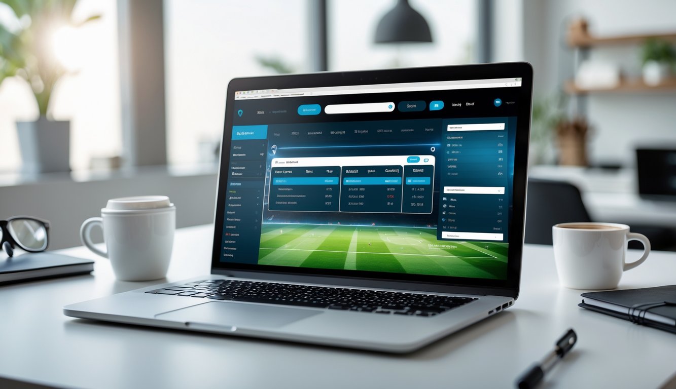 Seseorang menggunakan laptop atau ponsel untuk memasang taruhan sepak bola online di ruang kerja modern.