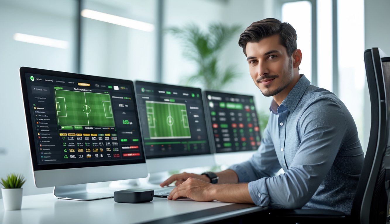 Seorang pria muda duduk di depan komputer dengan layar menampilkan pertandingan sepak bola dan peluang taruhan dalam suasana kantor yang terang dan rapi.