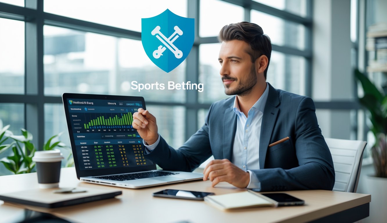 Seorang pria duduk di meja kantor modern sambil melihat layar laptop dengan data taruhan olahraga, menunjukkan suasana memilih bandar bola yang terpercaya.