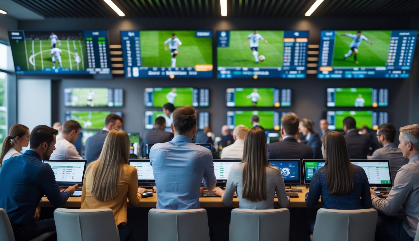 Orang-orang sedang memasang taruhan pada pertandingan sepak bola menggunakan perangkat digital di ruangan modern dengan layar besar menampilkan pertandingan sepak bola.