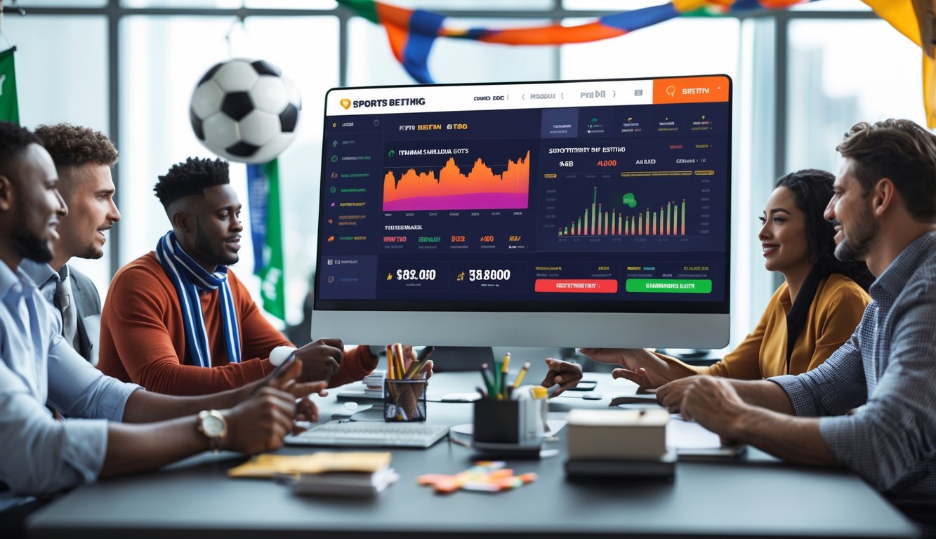 Sekelompok orang muda berdiskusi di depan layar komputer yang menampilkan statistik pertandingan sepak bola dan bonus besar dalam suasana kantor modern.