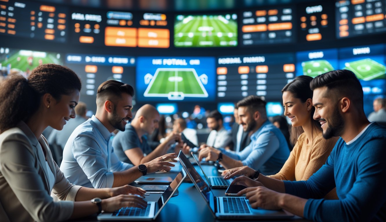 Orang-orang sedang memasang taruhan langsung pada pertandingan sepak bola menggunakan perangkat digital di sebuah ruang taruhan modern.