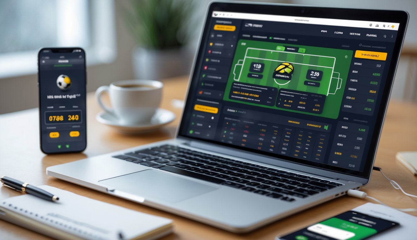 Seorang pria menggunakan laptop dan smartphone di meja kerja dengan tampilan situs taruhan bola online di layar.