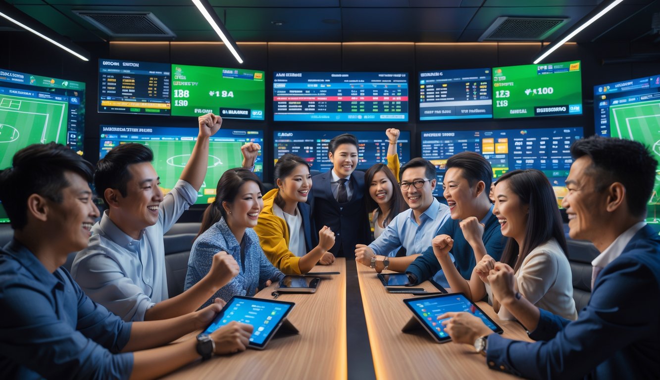 Sekelompok orang Asia yang antusias sedang menonton pertandingan sepak bola dan menggunakan perangkat elektronik di ruang taruhan olahraga modern.