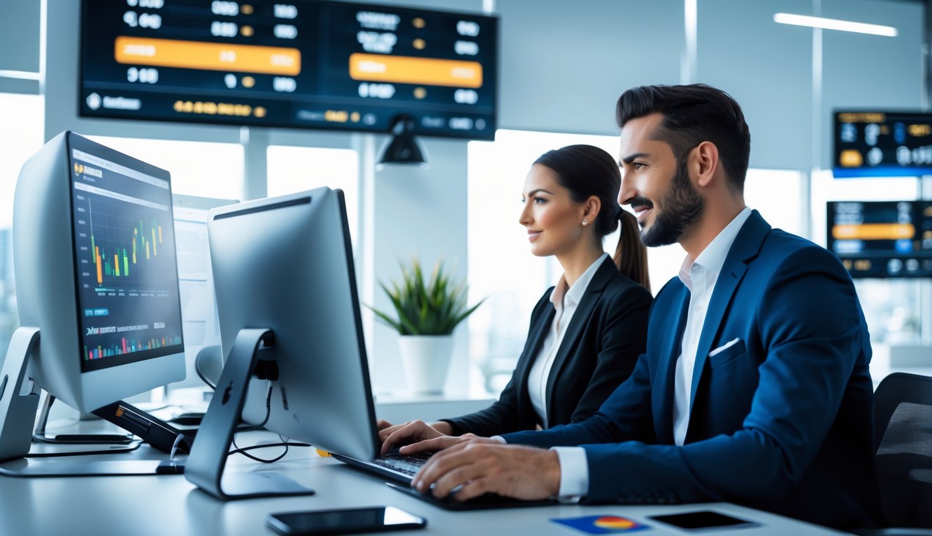 Seorang pria dan wanita bekerja bersama di kantor modern dengan komputer yang menampilkan grafik keuangan dan peluang taruhan.