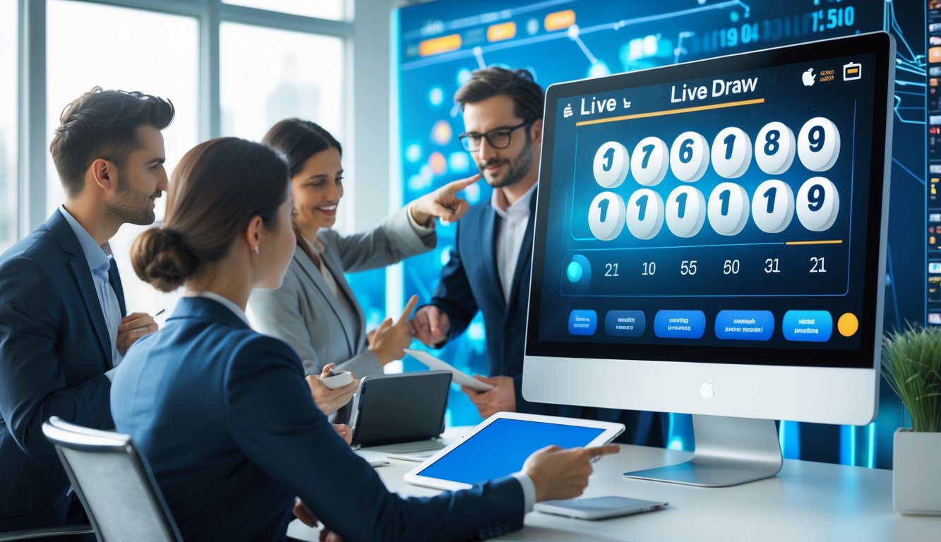 Orang-orang bekerja di depan komputer yang menampilkan hasil live draw togel secara cepat.