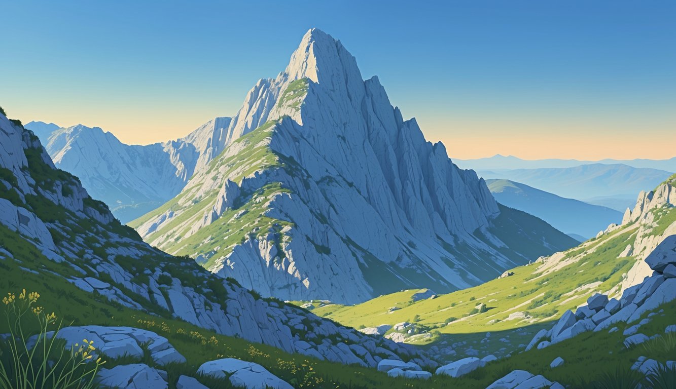 Pogled na planinu Dinara s vrhom Sinjal, stjenovitim obroncima i zelenim biljem pod plavim nebom.