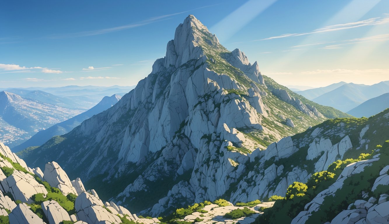 Pogled na planinu Biokovo s vrhom Sveti Jure, sa stjenovitim i strmim padinama te zelenim biljkama pod vedrim nebom.